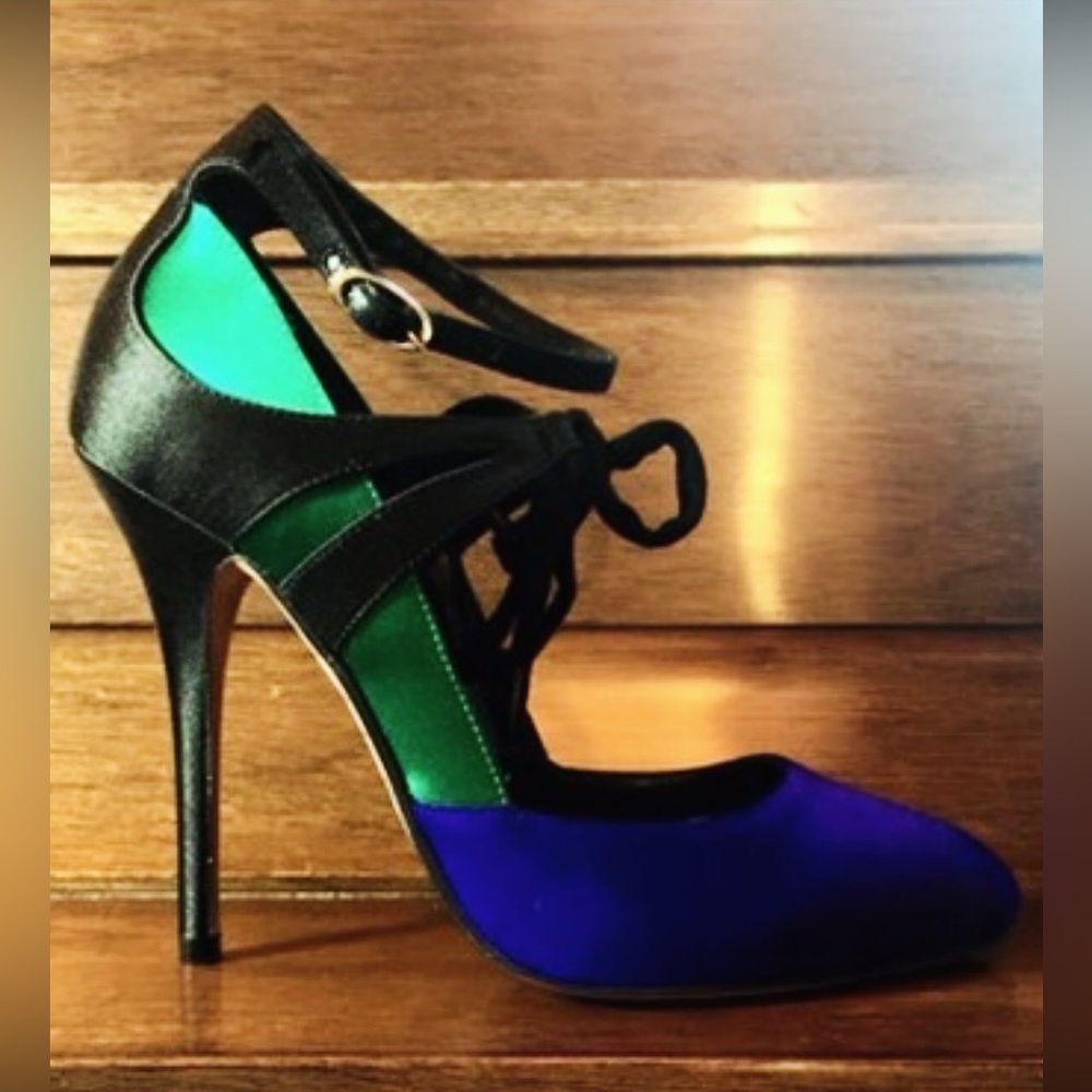 Rare Vionnet x Giuseppe Zanotti Green, Blue, and Black Satin & Suede Heels